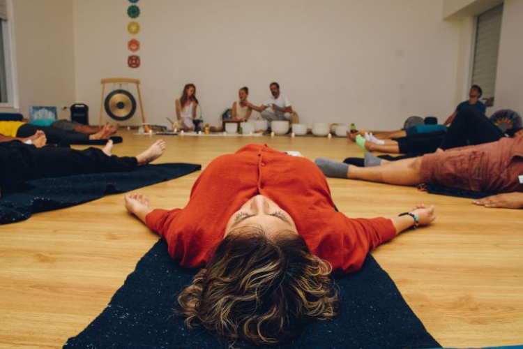 Yoga class with sound healing