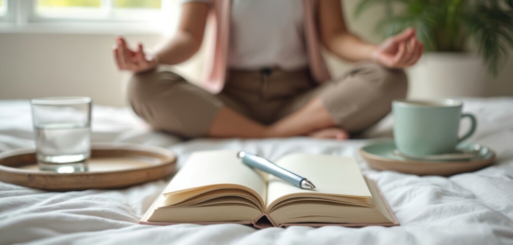 Woman meditates in yoga lotus pose on her bed. Journal is open for writing gratitude notes. Calm self care morning routine with water and coffee helps mindfulness, mental health and well being.